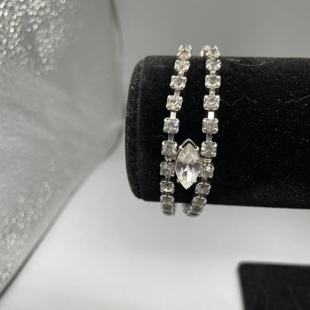 Vintage Double Strand Rhinestone Tennis Bracelet Marquise Center Silver Tone 7in
